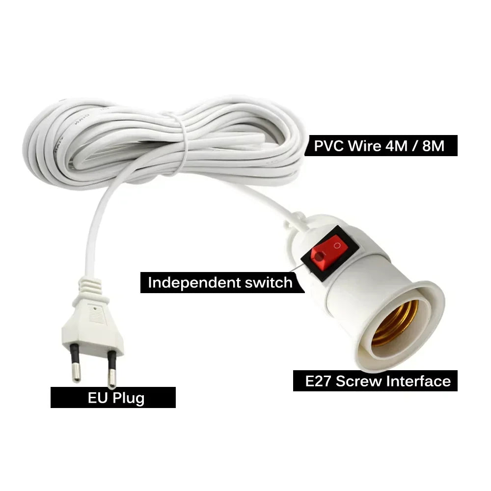 socle lampe e27 interrupteur blanc moderne câble prise eu 2m 4m blanc lisse opaquet