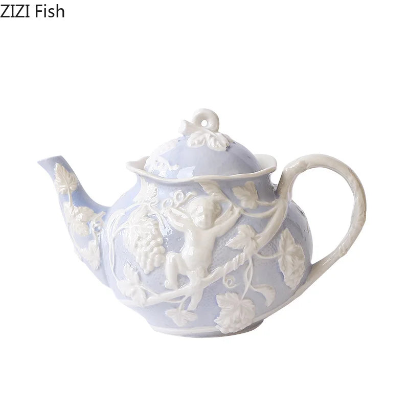 tasse céramique porcelaine ange feuilles rose blanc classique théière soucoupe couvercle