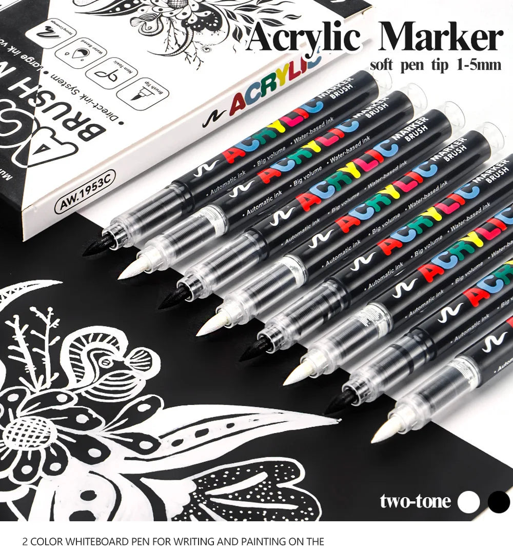 stylos marqueurs acrylique noir blanc floral brush ensemble 12 stylos boîte rangement