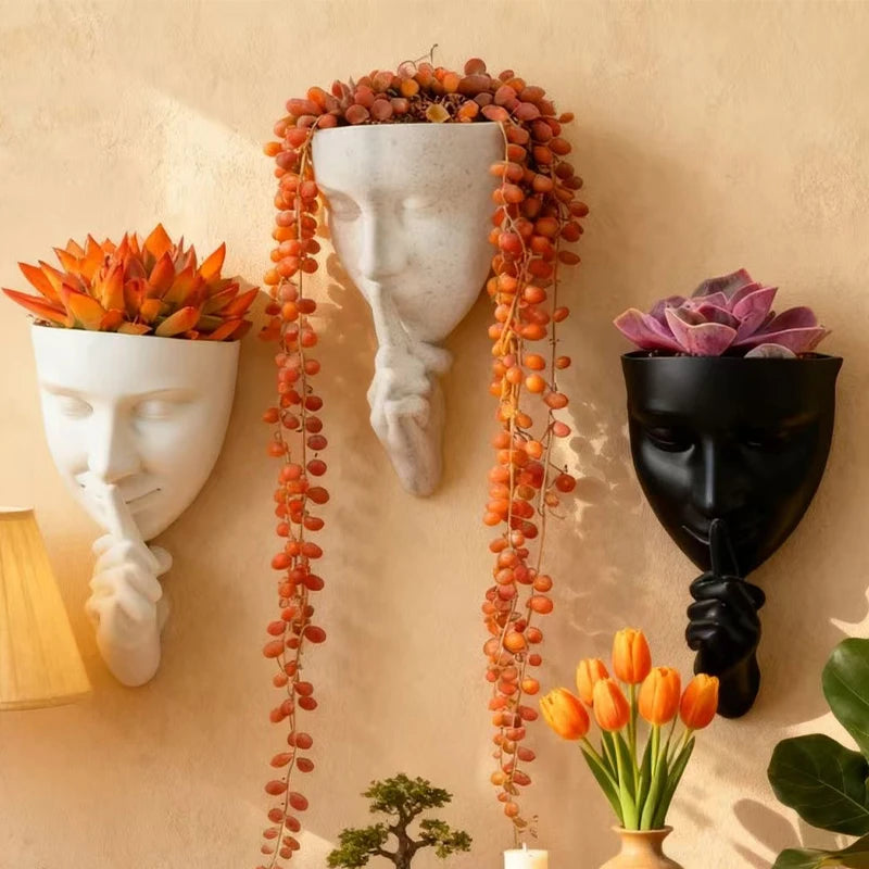 pots résine muraux tête humaine moderne blanc gris noir décoratif plantes fleurs