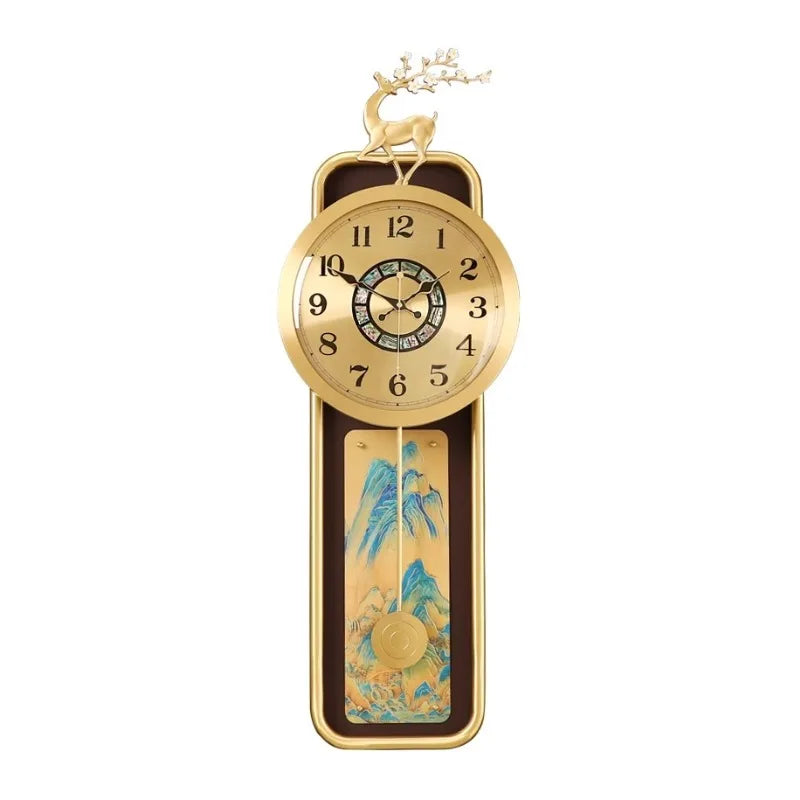 horloge murale or traditionnelle décoration florale chiffres arabes métal doré cerf montagnes