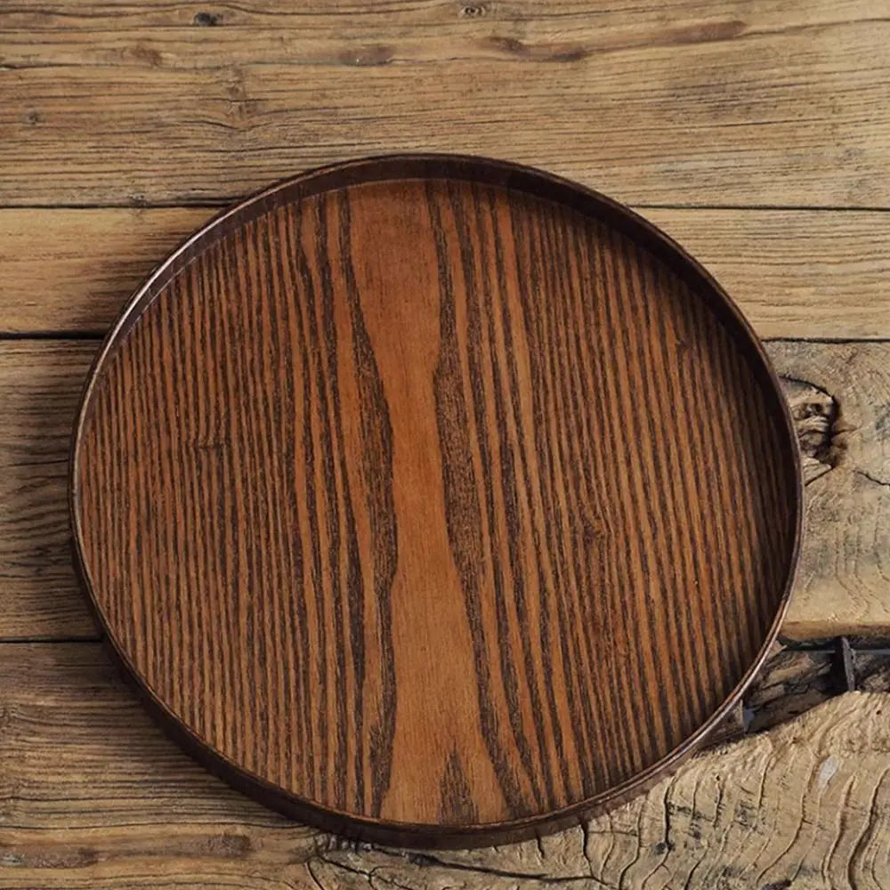 plateau rond bois marron assiettes tasses fourchette couteau donuts livres 21cm 24cm 27cm 30cm