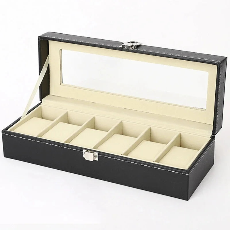 boîte montres simili cuir noir beige verre transparent classique cadenas organisation collection homme