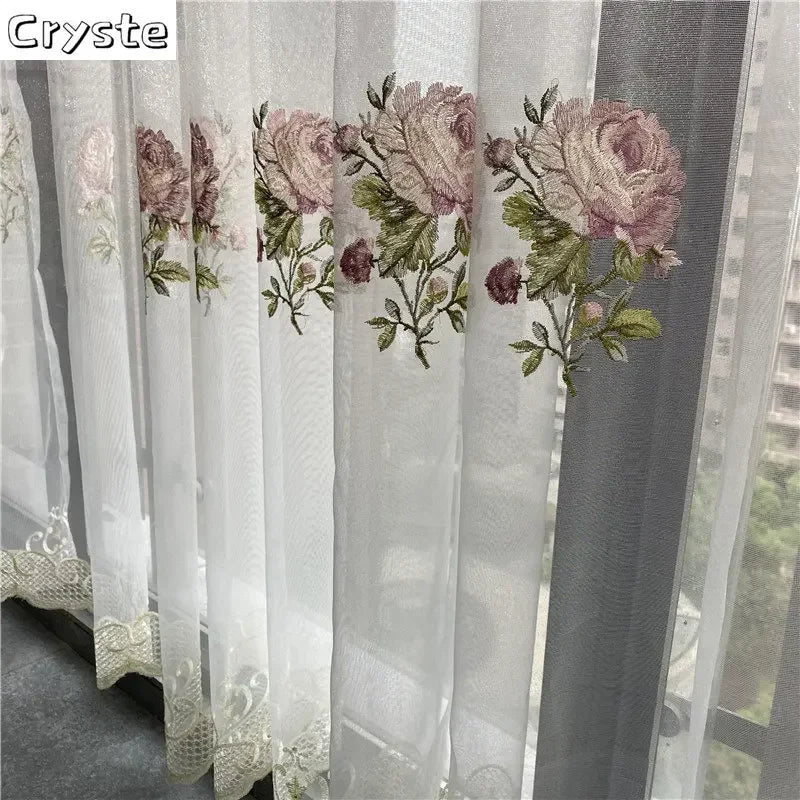 rideau floral transparent brodé classique rose blanc vert 100 polyester