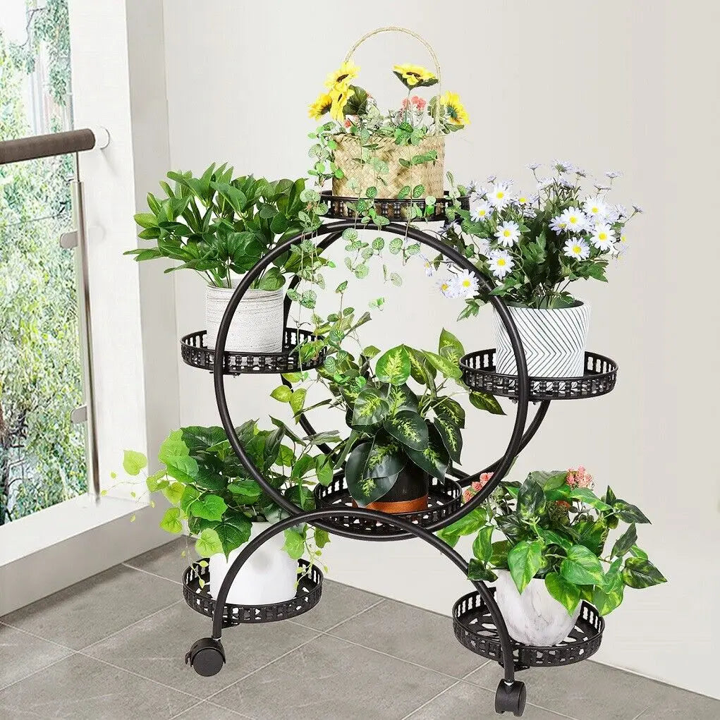 meuble plante rotatif moderne niveaux métal ajouré noir roulettes freinées balconintérieur