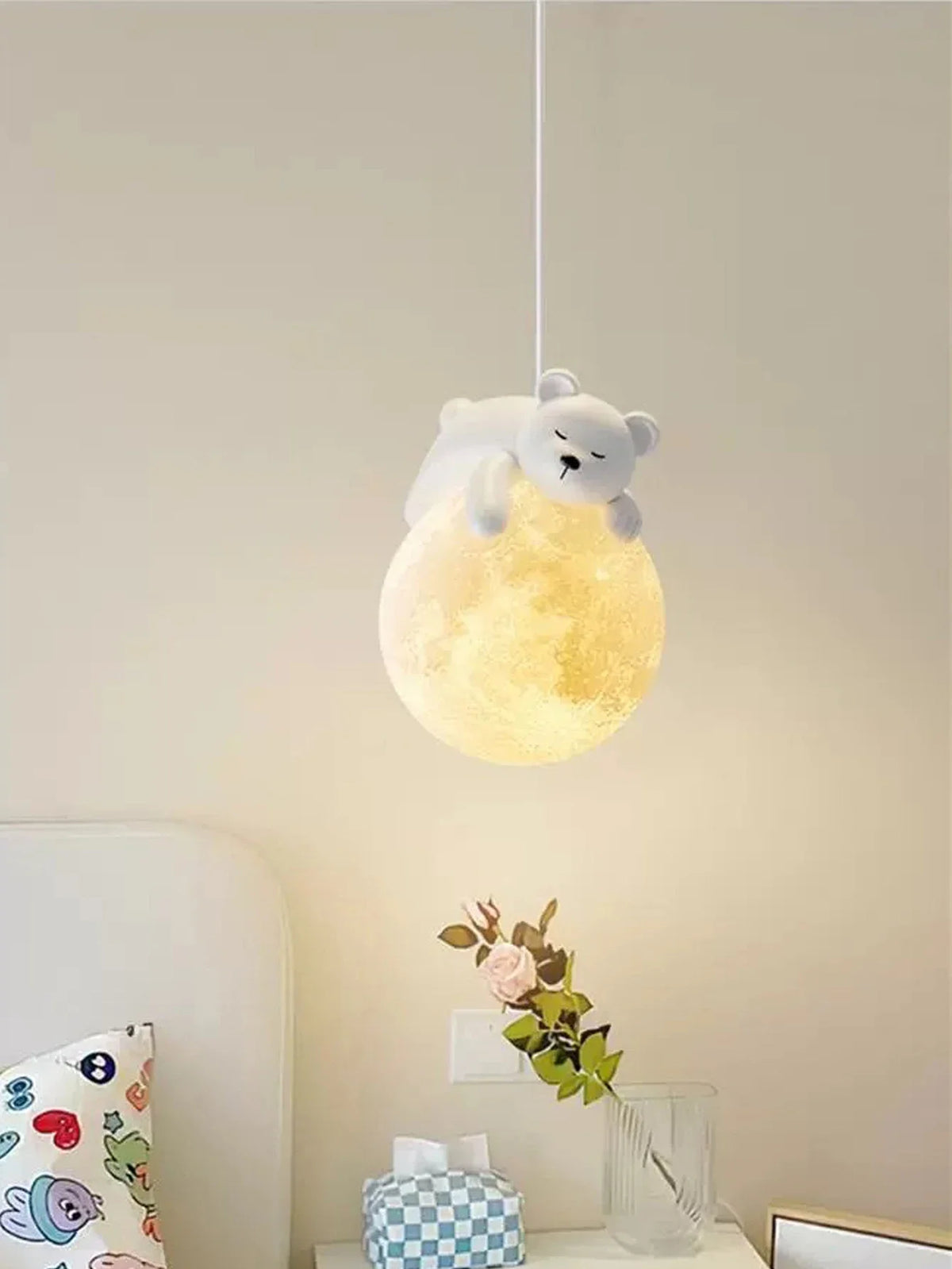 lampe suspendue moderne blanche oiseau lune enfantine texture réfléchissante cordon blanc chambre enfants