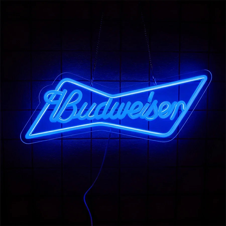 enseigne lumineuse néon logo budweiser grenouille couleur rouge bleu jaune vert fixations câble usb