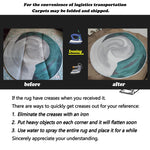 L'image montre le processus de défroissage d'un tapis plié pour le transport, avec des instructions détaillées sur les meilleures méthodes pour éliminer rapidement les plis, notamment en utilisant un fer à repasser, en plaçant des objets lourds sur les coins ou en vaporisant de l'eau sur l'ensemble du tapis.