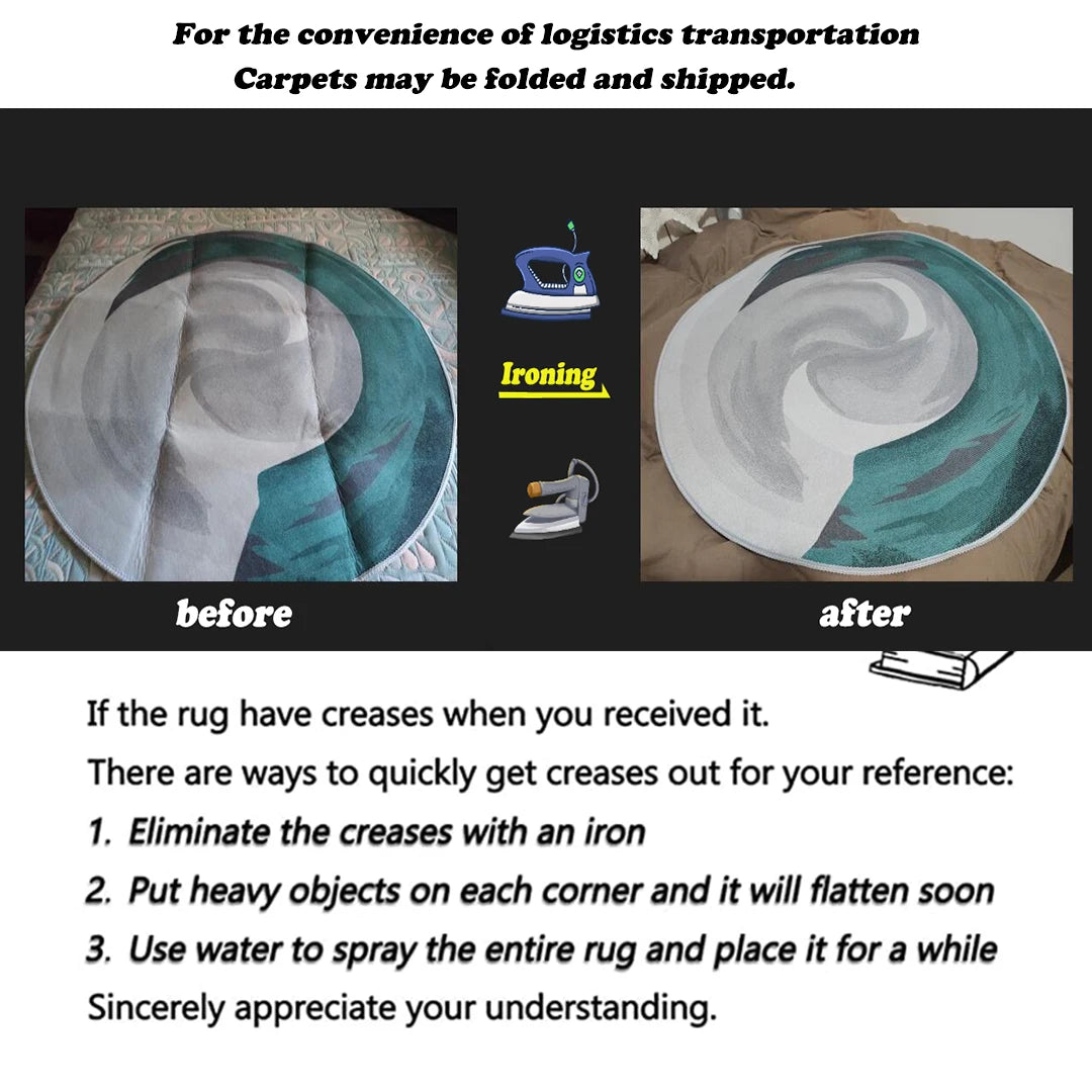 Cette image montre une procédure en trois étapes pour supprimer les plis d'un tapis reçu plié, dans le but d'optimiser le transport logistique. Elle présente des conseils pratiques comme l'utilisation d'un fer à repasser, de lourds objets et d'eau pour aplanir le tapis.