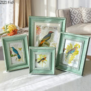 cadre photo vert blanc effet vieilli motif floral oiseau papillon vintage rustique shabby chic