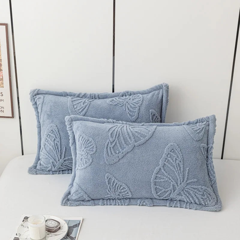 taies d'oreiller jacquard papillons brodés gris bleu rose vert beige violet modernes lit hiver