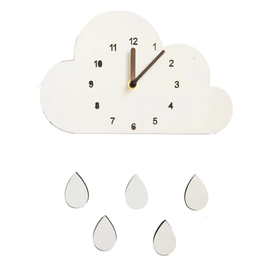 horloge murale nuage gouttes pluie chiffres blanc minimaliste chambre enfant