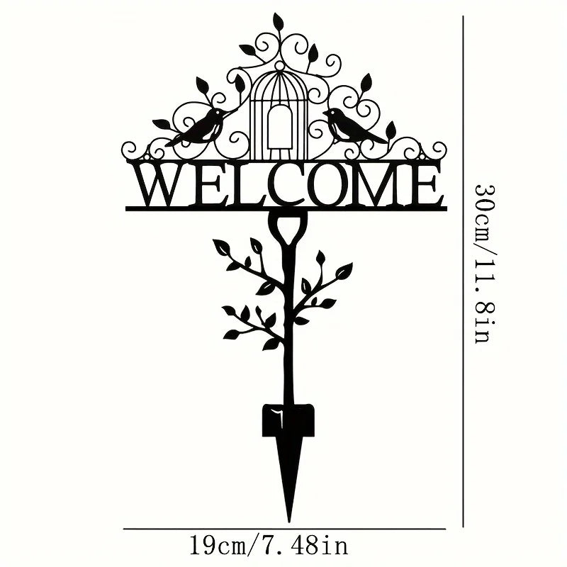 panneau welcome jardin rustique oiseaux cage lettres métal découpé vintageextérieur plantation sol decoration murale