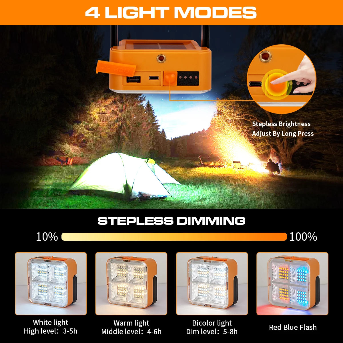 lampe solaire portative orange moderne recharge solaire usb poignée aimant emergency light camping