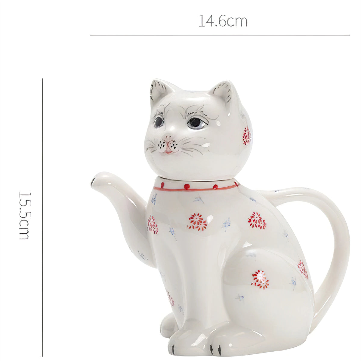 théière céramique forme chat motifs floraux tasses fleurs figurine chat blanc rouge bleu