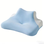 coussin cervical mousse mémoire forme bleu clair texture ergonomique alignement colonne vertébrale relaxation sommeil
