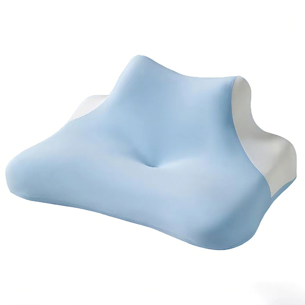 coussin cervical mousse mémoire forme bleu clair texture ergonomique alignement colonne vertébrale relaxation sommeil