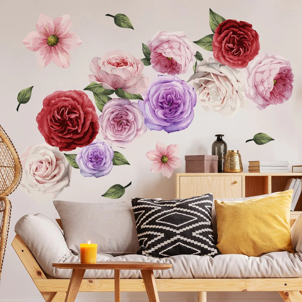 sticker mural floral aquarelle roses pivoines 20 pièces adhésif décoration romantique chambre salon