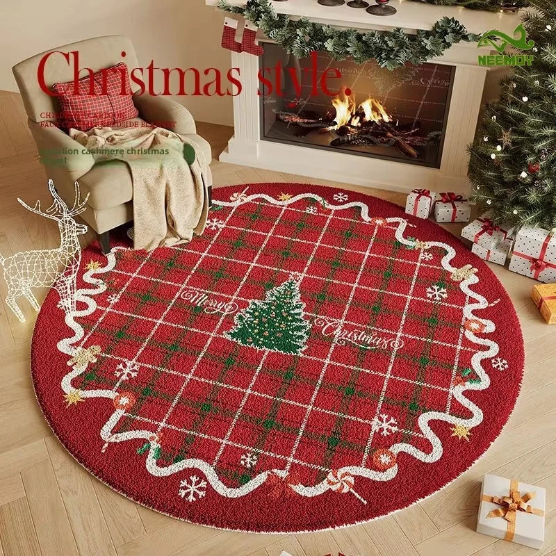 tapis circulaire noël rouge vert blanc carreaux flocons arbre bordure décorative résistant antidérapant polyester