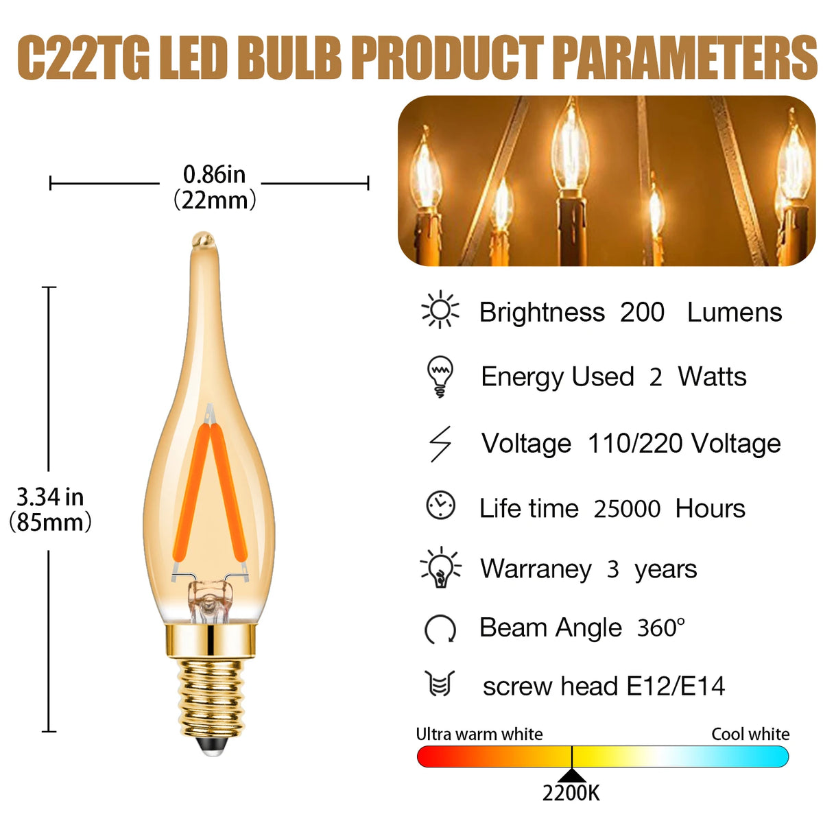 ampoules led vintage or filaments forme flamme transparentes e12 e14 2w blanc chaud 25000h