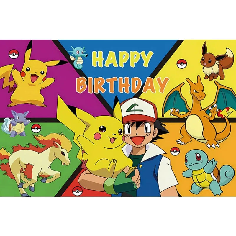 décoration anniversaire enfant pikachu happy birthday fond illustration vinyle poster Jaune Bleu
