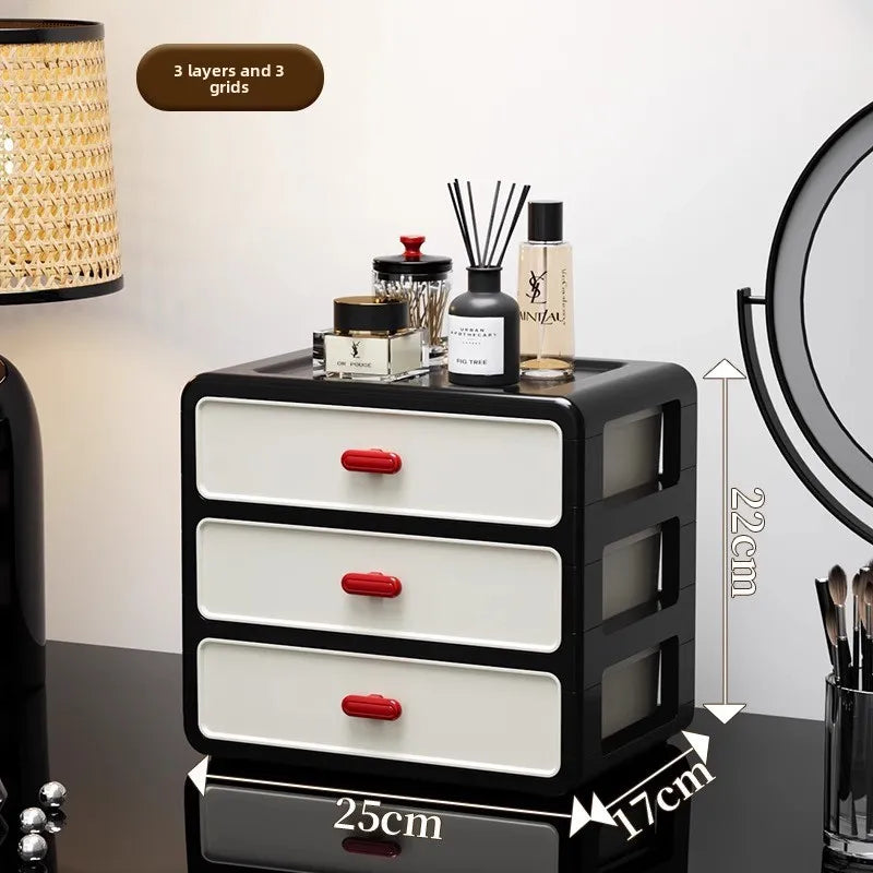 boîte maquillage moderne boîtes rangement noires blanches rouges poignées motifs géométriques