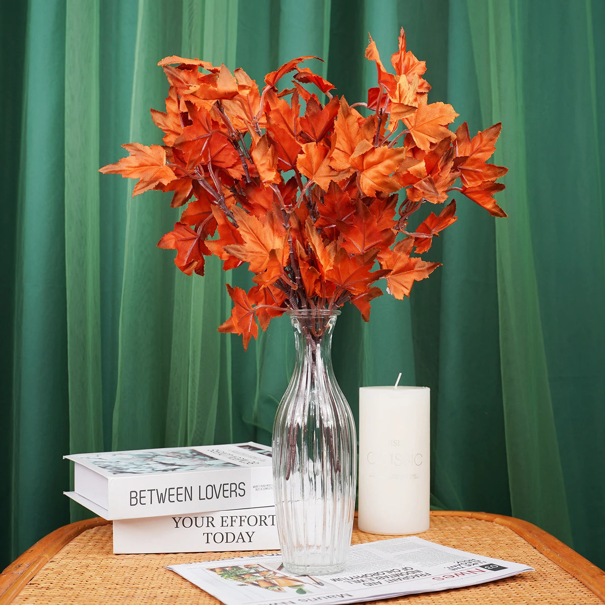 bouquet artificiel feuilles automne vase verre orange vert décoration naturelle intérieur extérieur
