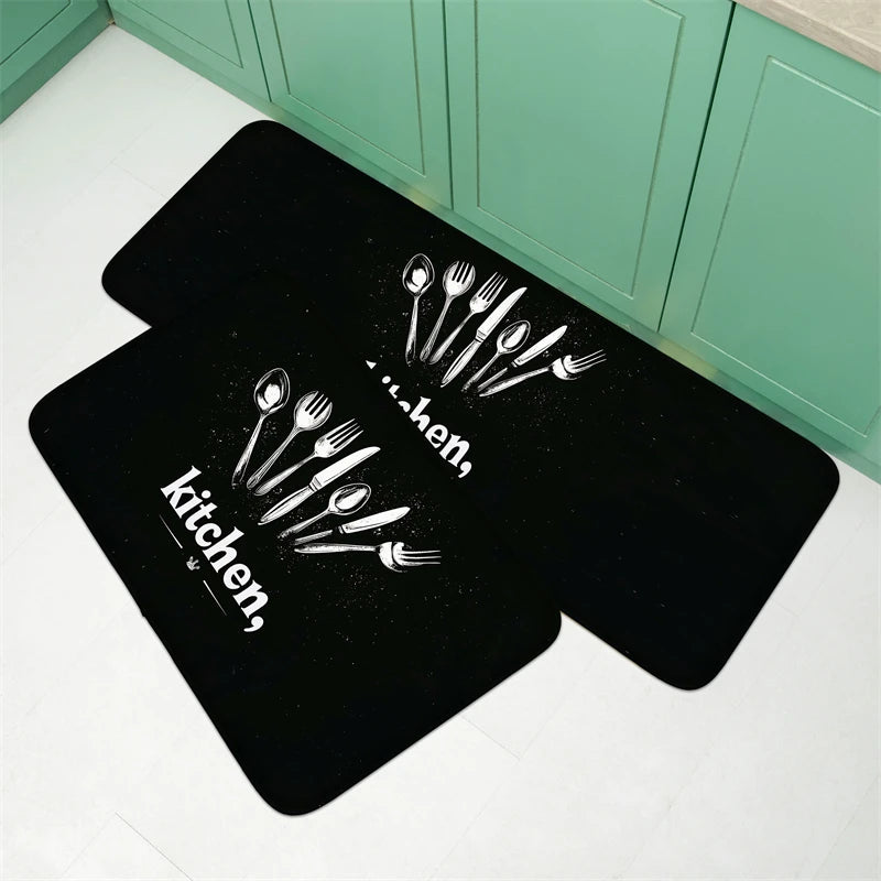 tapis cuisine noir blanc motif cuillères épices moderne intérieur antidérapant polyester flanelle 60x90cm