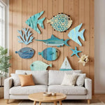 décoration murale poissons coraux étoiles mer bateau marine rustique intérieur bois clair
