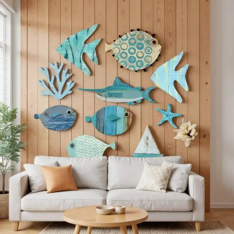 décoration murale poissons coraux étoiles mer bateau marine rustique intérieur bois clair