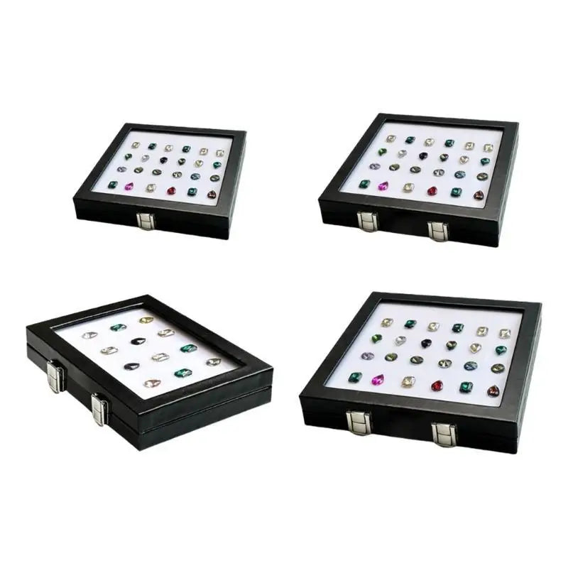 boîte bijoux noir classique clips acier inoxydable taille hinged organizer transparent white lining