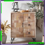 meuble salon armoire bois rustique moderne tiroirs portes beige marron pieds métal anneaux