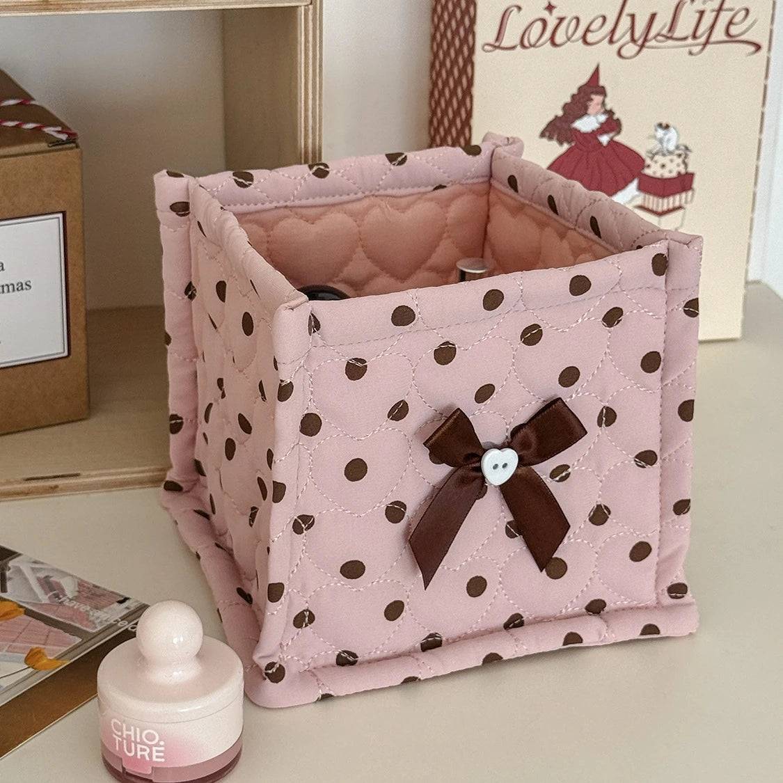 boîtes rangement coton pliables rose blanc noir pois texturées