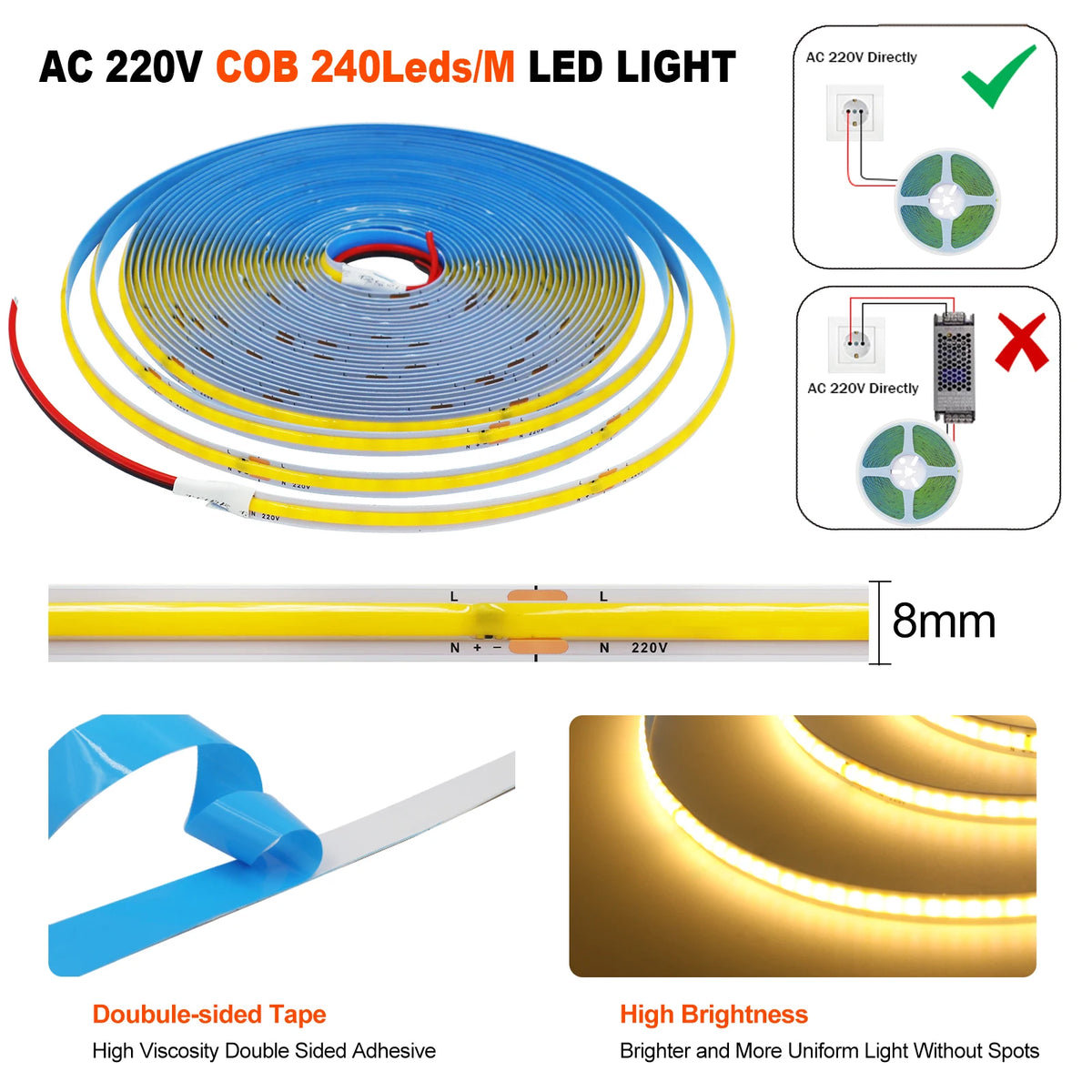 ruban led flexible 240 leds 220v ip20 3000k 4000k 6000k adhésif moderne