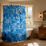 rideau douche bleu carreaux géométriques moderne opacité ourlet standard polyester 200x180cm anneaux