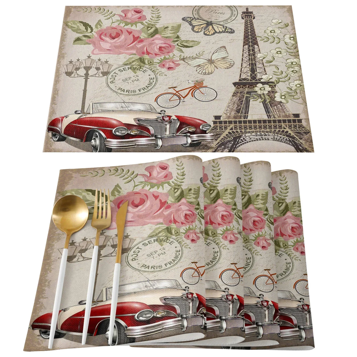 serviettes table imprimées tour eiffel fleurs cerisier moderne rose gris beige