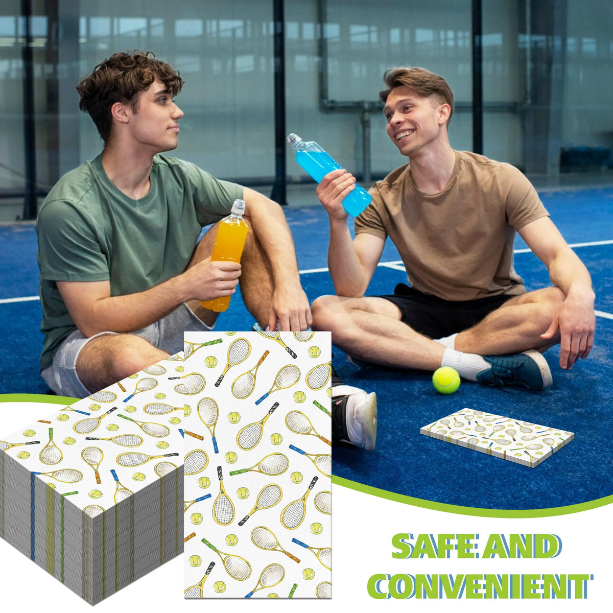 serviettes jetables tennis raquettes balles moderne blanc vert bleu doré pack 40 pièces