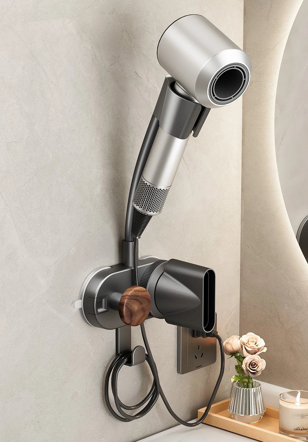 porte sèche cheveux mural gris métallisé bois finition moderne minimaliste prise câble salon