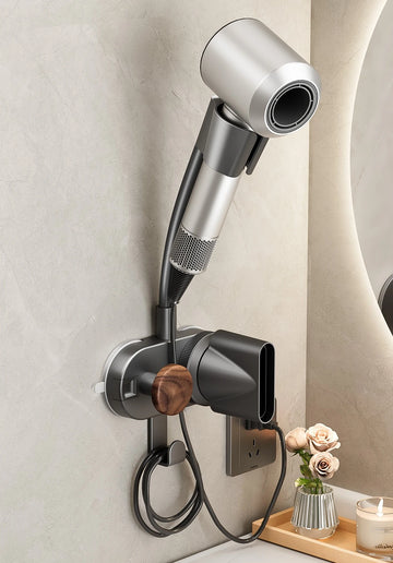 porte sèche cheveux mural gris métallisé bois finition moderne minimaliste prise câble salon