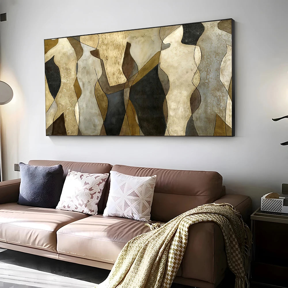 tableau abstrait moderne toile minimaliste beige noir marron gris horizontal décoration chambre salon erotique