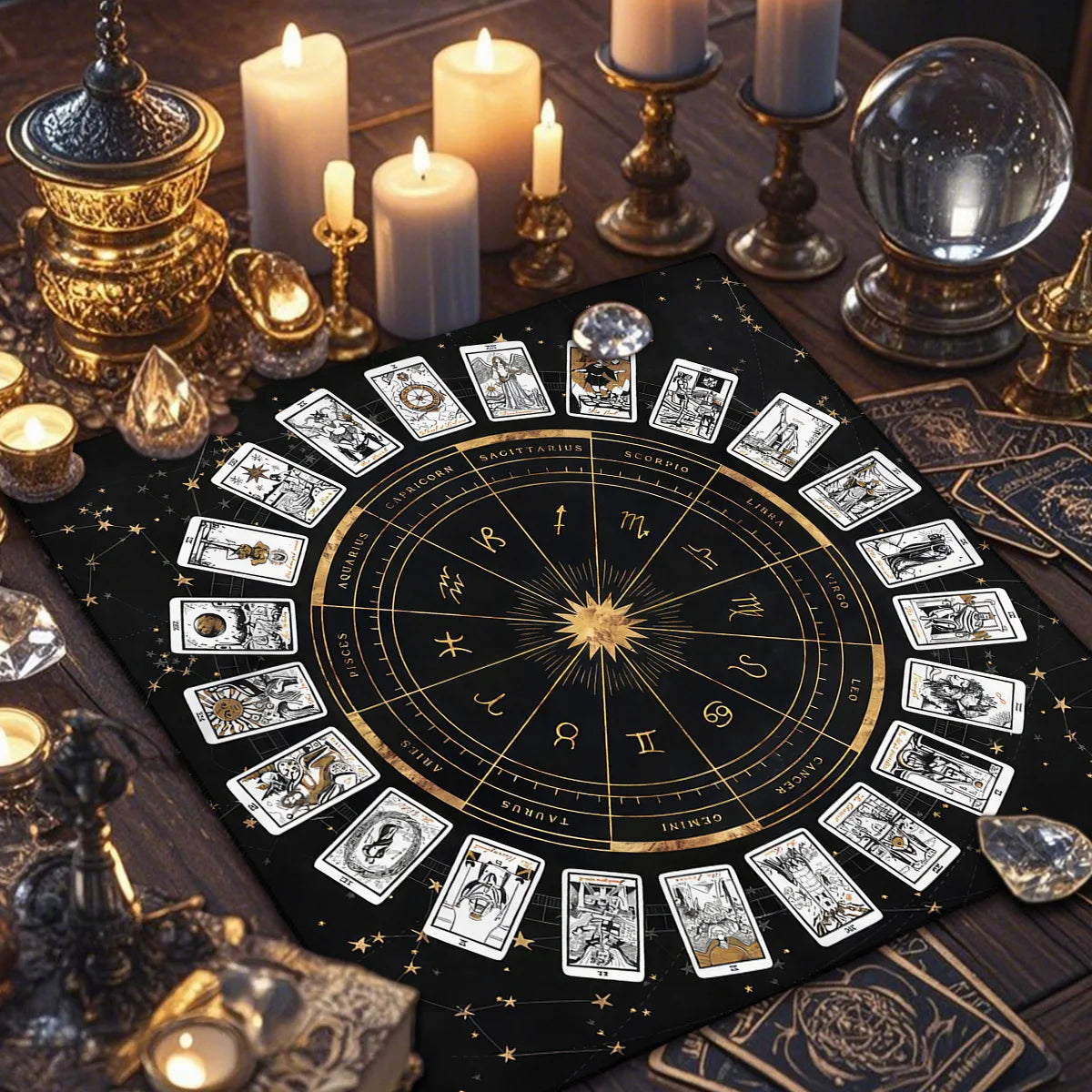 tableau astrologique zodiacal tarot solaire lunaire mystique noir doré bleumarine symbols religieux holidays