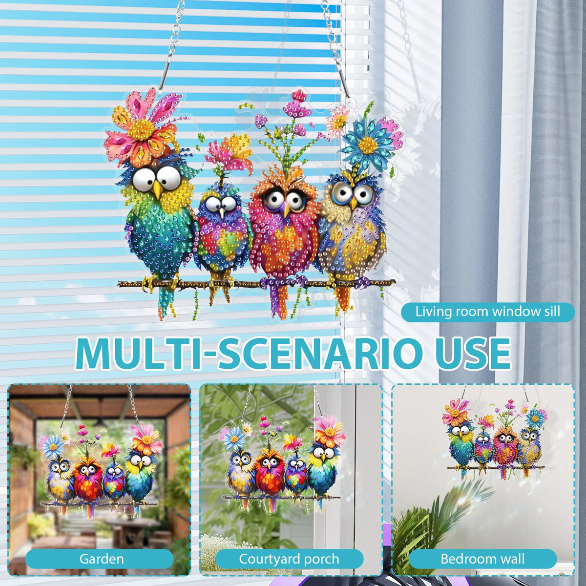 décoration suspendue hiboux fleurs acrylique pailletée couleurs joyeuses kit diamants