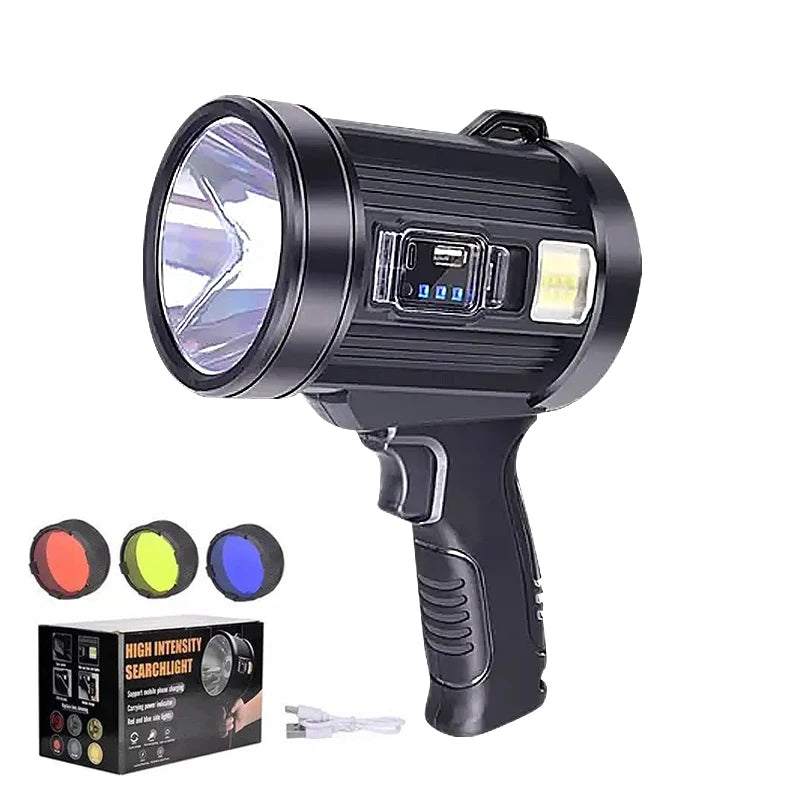 lampe torche led rechargeable projecteur portable lumière intense 30w panneau solaire intégré poignée ergonomique