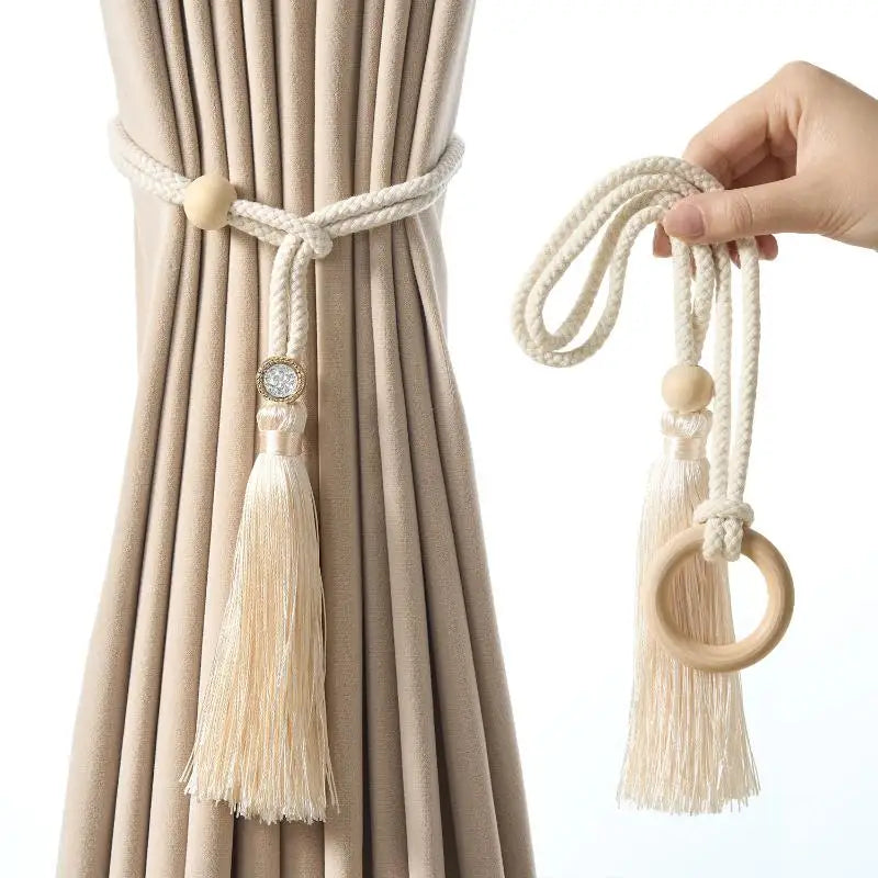 anneau bois cordelette pompon franges deco moderne rustique tissu coton beige clair