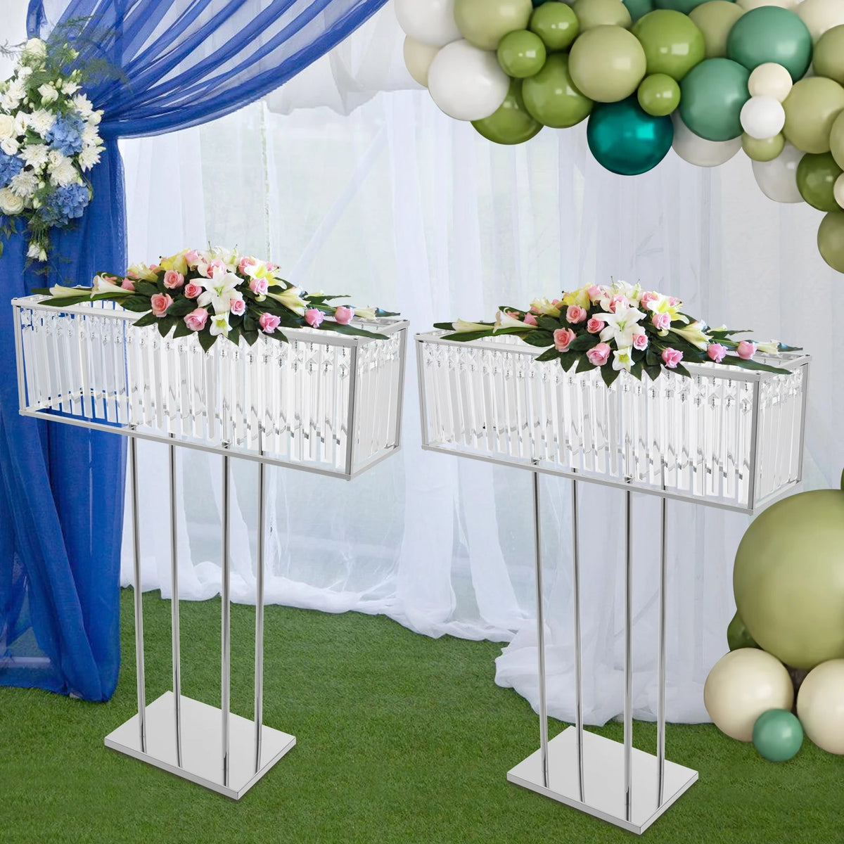 supports fleurs transparents argentés décoration événementielle moderne draperies ballons