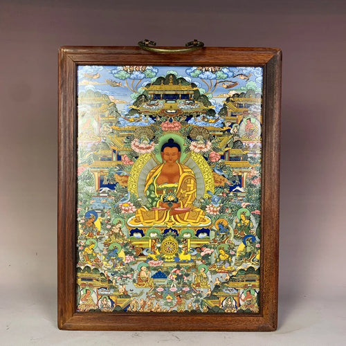 tableau decoratif bouddhiste scene religieuse figures humaines motifs geometriques couleurs marron bleu vert doréOpaque