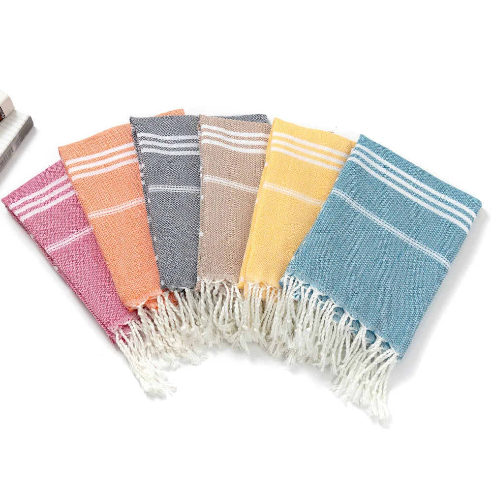 serviette plage coton rayée bleu clair rose franges rapide absorption moderne rustic