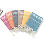 serviette plage coton rayée bleu clair rose franges rapide absorption moderne rustic