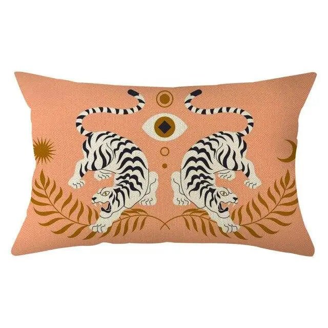 coussin rectangulaire polyester motif géométrique moderne beige orange noir blanc respectueux environnement qualité maison