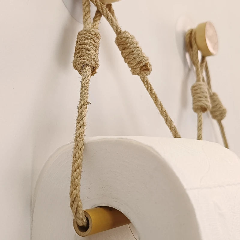 porte serviettes murale rustique bohème bois clair disque adhésif corde nouée